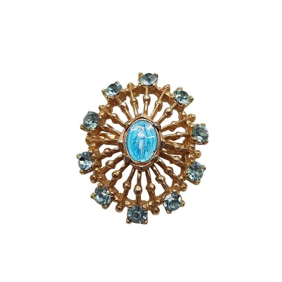 Vintage 1950s Immaculate Mary Brooch With Blue Rhinestones Religious Design - Picture 1 of 4